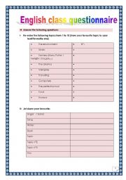 English worksheet: English class questionnaire (Students tastes & favourite topics)