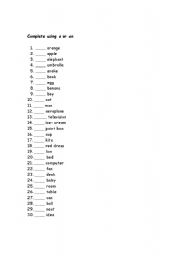 English Worksheet: Articles a and an