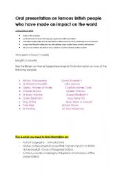 English Worksheet: Oral project on famous British people