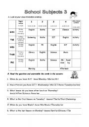 English Worksheet: PART 3/3 School Subjects and Timetables