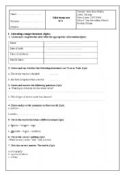 English Worksheet: mid term test N2 for 1st year Tunisian pupils