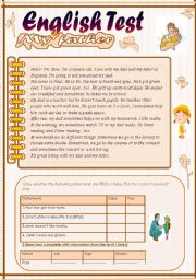 English Worksheet: English Test(3 parts): Reading Comprehension:My Father/Grammar+Vocabulary/Writing(+Key)