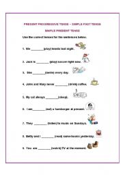 English worksheet: simple past -present progressive- simple present tense exercises