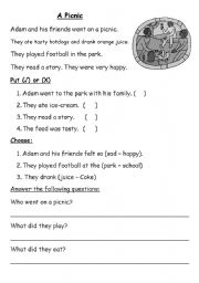 English Worksheet: PICNIC -  READING COMPREHENSION