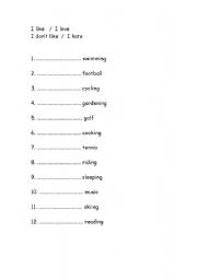 English worksheet: I like (plus hobbies)