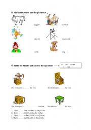 English worksheet: Names of the people at a circus& prepositions of place& there is and there are