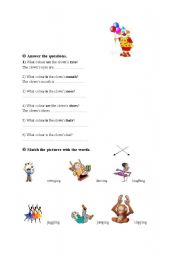 English worksheet: What color is/ are the clowns...? & action verbs