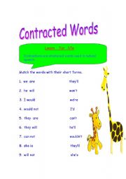 English Worksheet: Contracted words / Short Forms  