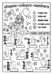 English Worksheet: SHAPES-COLOURS AND NUMBERS