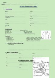 English Worksheet: review Clothes, prespositions, numbers, to be verb