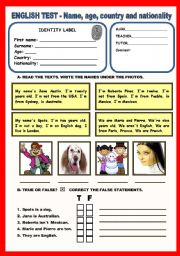 English Worksheet: Test - Name, age, country, nationality - 4 Pages