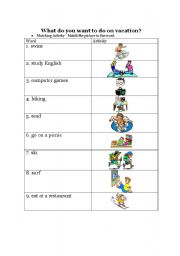 English worksheet: Vacation Activity Matching 