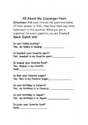 English worksheet: All about me scavenger hunt