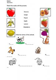 English worksheet: fruits and animals worksheet