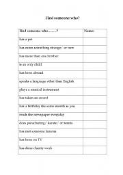 English Worksheet: Find Someone who...