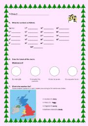 English worksheet: Ordinal numbers, telling the time and weather (Revisions)