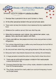 English Worksheet: Cause and Effect: Cloudy With a Chance of Meatballs