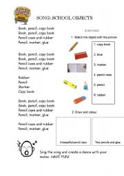 English Worksheet: Song: School objects