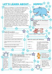 English Worksheet: LETS LEARN ABOUT... HIPPO (with key)