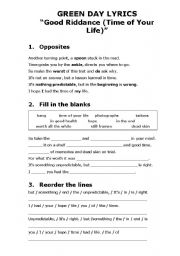 English Worksheet: GOOD RIDDANCE (Time of Your Life) by Green Day