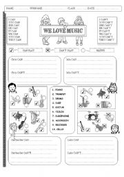 English Worksheet: We love music 2 PAGES