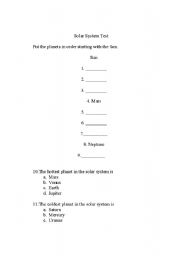 English worksheet: solar system test 