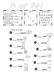 English Worksheet: a or an