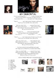 English Worksheet: SONG ACTIVITY:MY IMMORTAL BY EVANESCENCE
