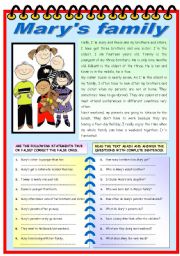 English Worksheet: MARYS FAMILY (READING + COMPREHENSION EXERCISES)