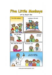 English Worksheet: Five Little Monkeys - comic and chant