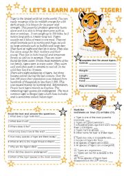 English Worksheet: LETS LEARN ABOUT... TIGER! (2 PAGES with key)