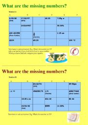 English Worksheet: Pairwork Number Game, 