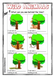 English Worksheet: Wild animals 1 col - What can you see behind the tree?