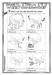 English Worksheet: Wild animals 1 B&W - What can you see behind the tree?