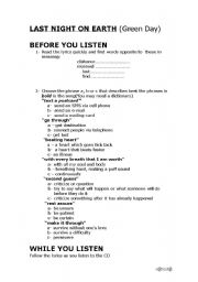 English Worksheet: Green Days Last Night on Earth Listening Activities + Answers