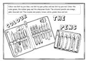 English Worksheet: Pencil Case  - Read and Colour the pens