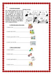 English Worksheet: A Paragraph About the Parts of the house and Present Progressive