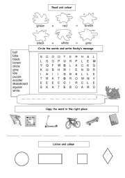 English worksheet: test about toys, shapes and colours