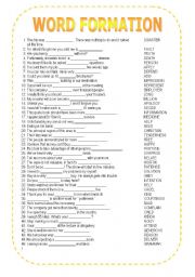 English Worksheet: !!! WORD FORMATION 45 sentences + KEY !!!