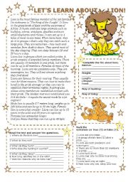 English Worksheet: LET US LEARN ABOUT... LION (2 pages with key)