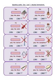 English Worksheet: Speaking cards - can/cant - musical instruments