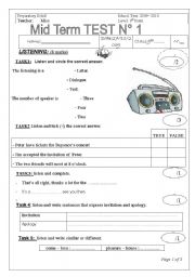 English Worksheet: 9th form mid term n1test for tunisian pupils