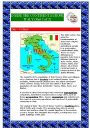 English Worksheet: Inside the continent Europe - Italy (Part 1 of 2) (6 pages)