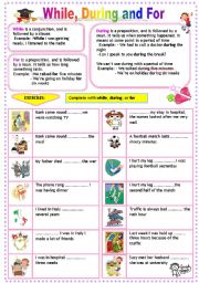 English Worksheet: while, during, for