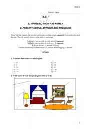 English worksheet: Test checking knowledge of numbers, room and family vocabulary and present simple