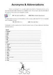 English worksheet: Acronyms and Abbreviations