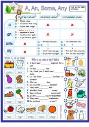 English Worksheet: A, an, some & any with countable & uncountable nouns - guide & exercises.