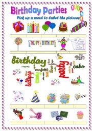 English Worksheet: Birthday party vocabulary (word mosaic included)