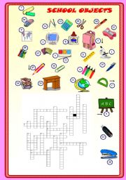 English Worksheet: School objects crossword