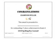 English Worksheet: Spelling Bee Certificate/Award